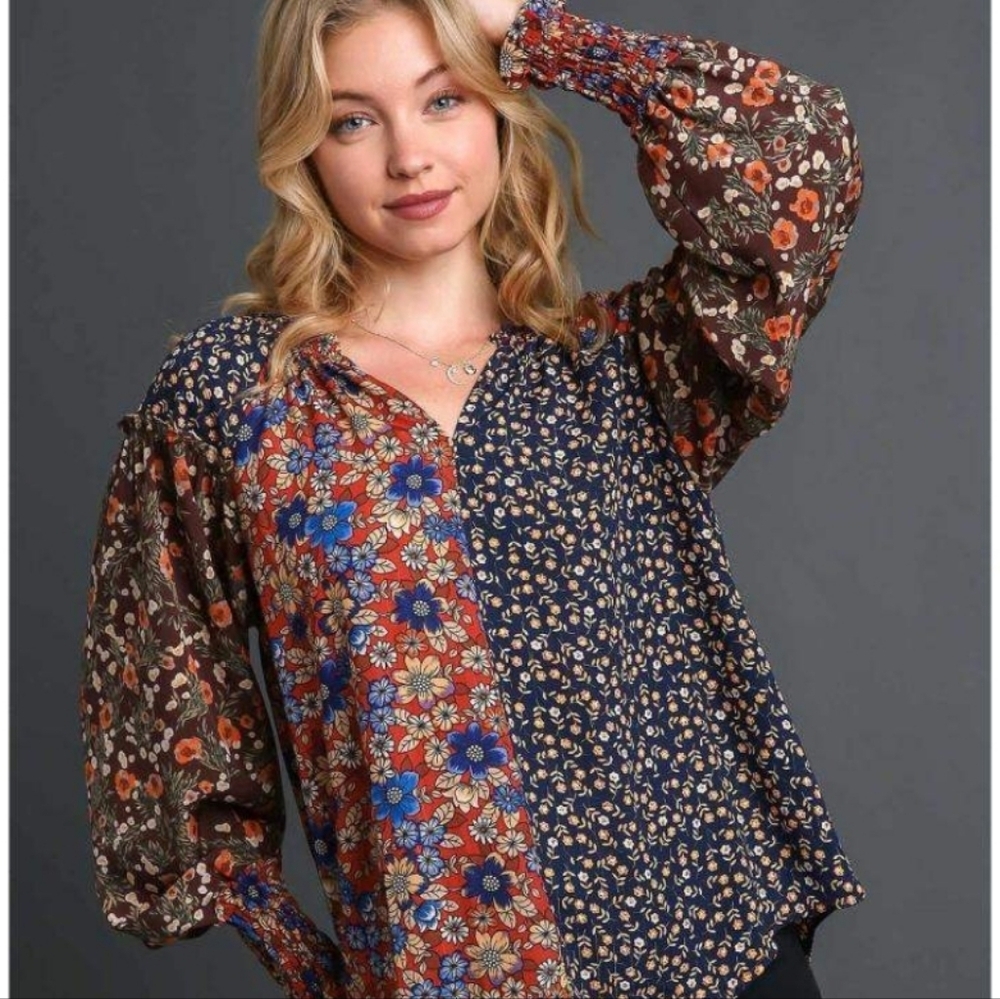 Umgee Womens Mix Media Lightweight Bohemian Blouse Top. Sz L